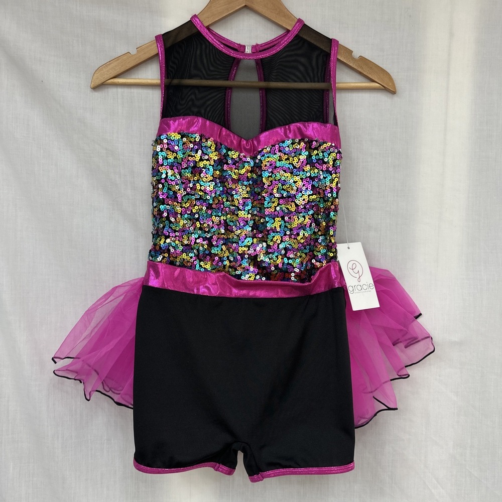NEW Sequin Dance Costume w/ Tutu XLC Black Pink Purple Leotard One Piece Mesh